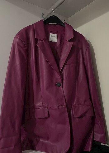 Kadın Mor Deri Ceket, Düğmeli, Midi Boy - Görsel 2