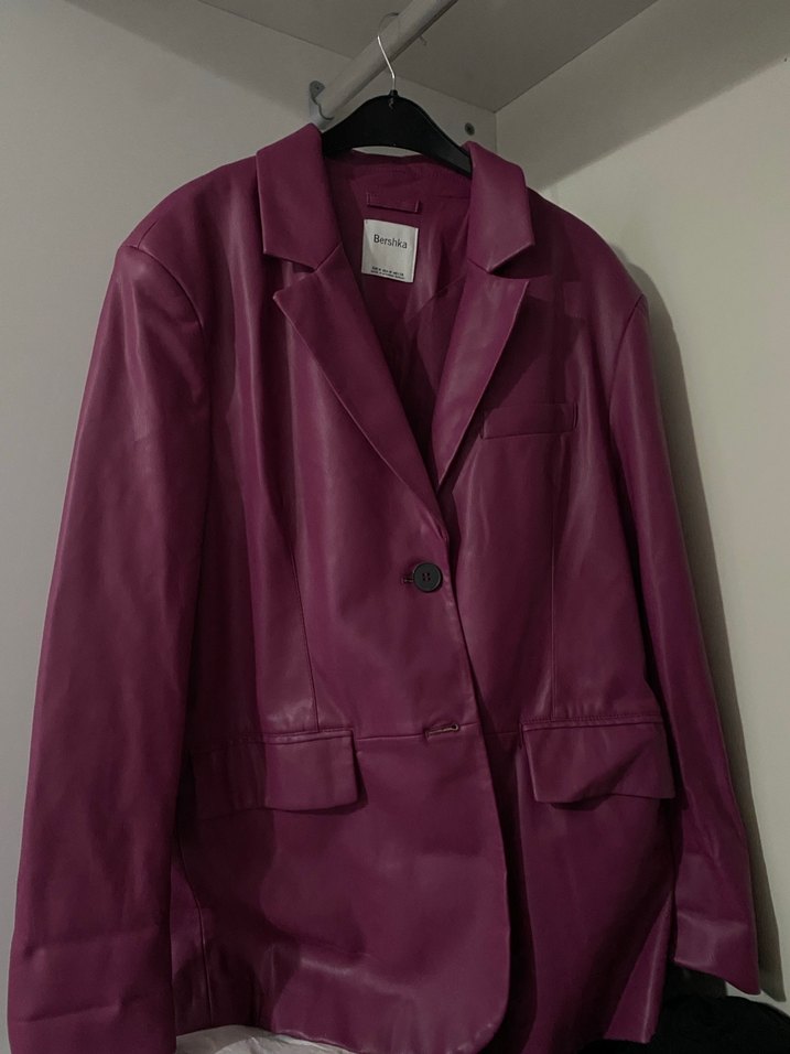 Kadın Mor Deri Ceket, Düğmeli, Midi Boy - Görsel 3