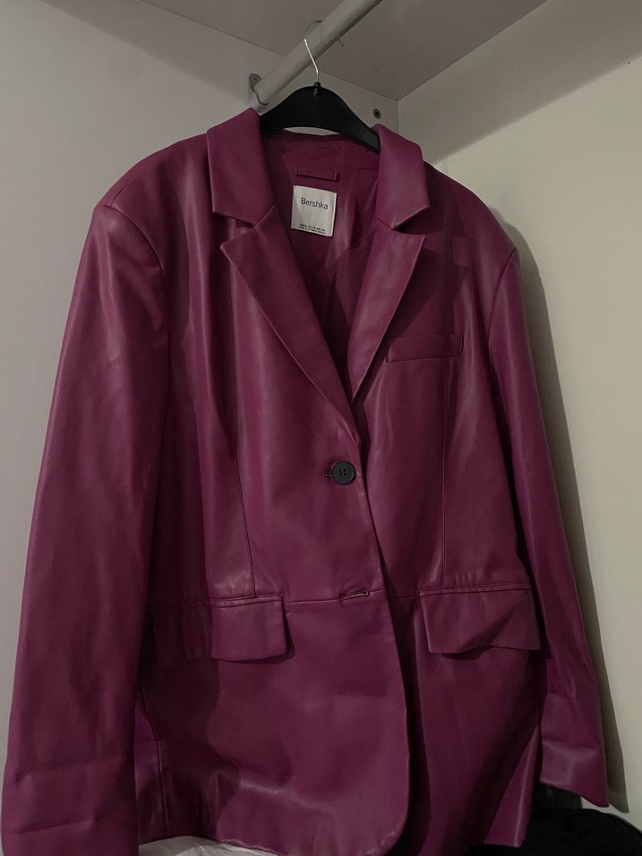 Kadın Mor Deri Ceket, Düğmeli, Midi Boy - Görsel 2