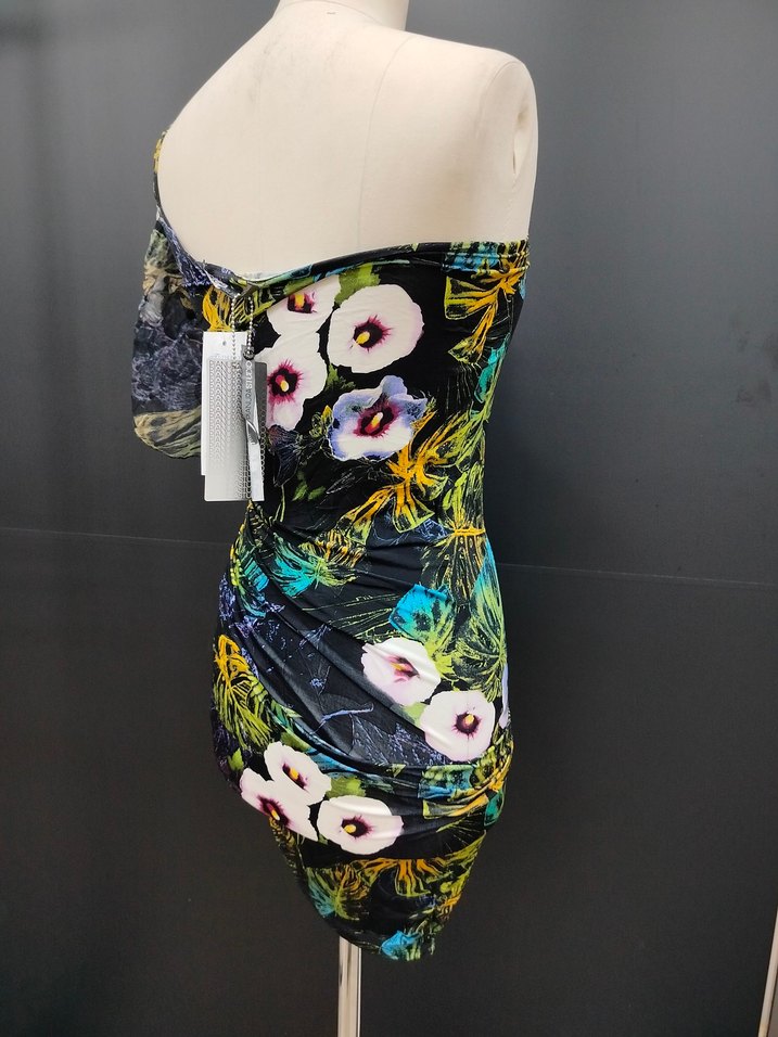 Çiçek Desenli Drapeli Straplez Mini Elbise - Görsel 5