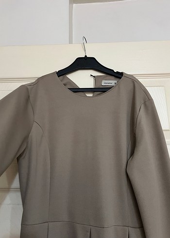 Bej Uzun Kollu Drapeli Kadın Elbise - Görsel 5