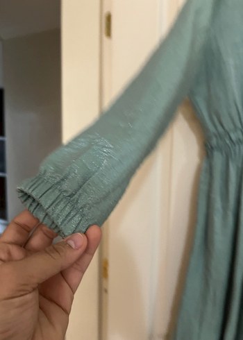 Bej Uzun Kollu Rahat Kesim Keten Elbise - Görsel 4