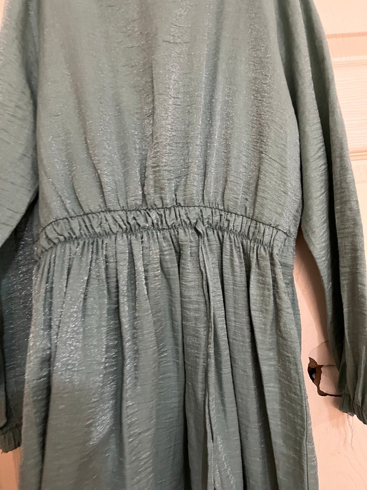 Bej Uzun Kollu Rahat Kesim Keten Elbise - Görsel 2