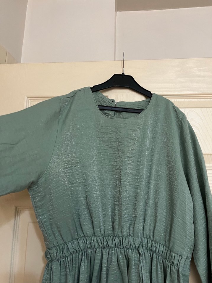 Bej Uzun Kollu Rahat Kesim Keten Elbise - Görsel 5