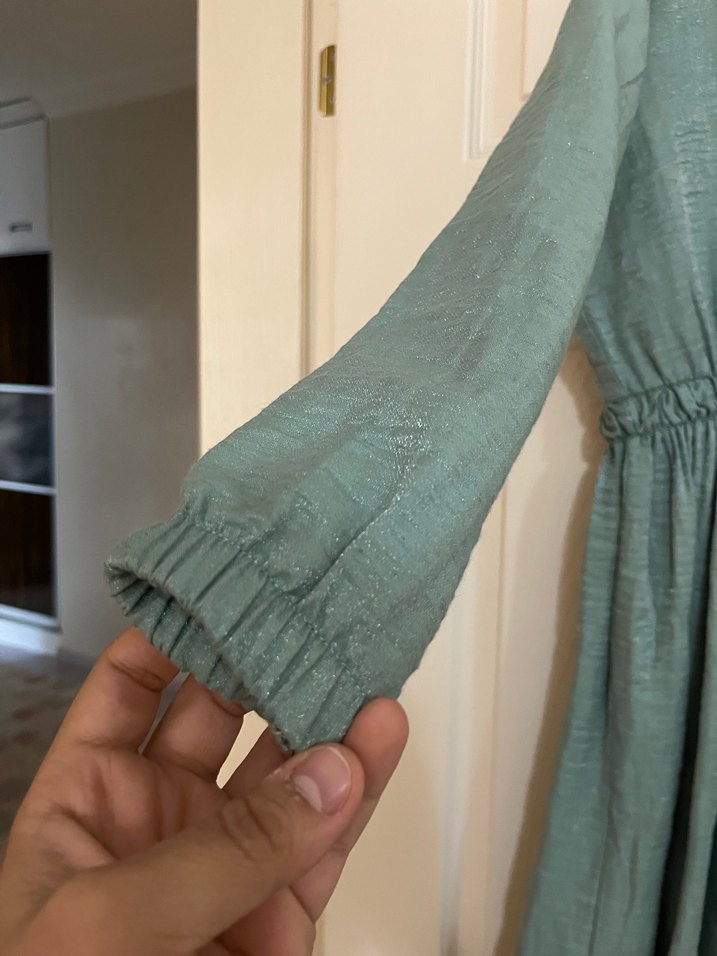 Bej Uzun Kollu Rahat Kesim Keten Elbise - Görsel 3