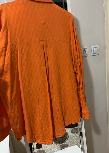 Turuncu Düğmeli Uzun Kollu Keten Gömlek - Görsel 4