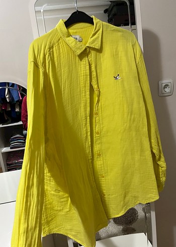 Sarı Düğmeli Uzun Kollu Keten Gömlek - Görsel 2