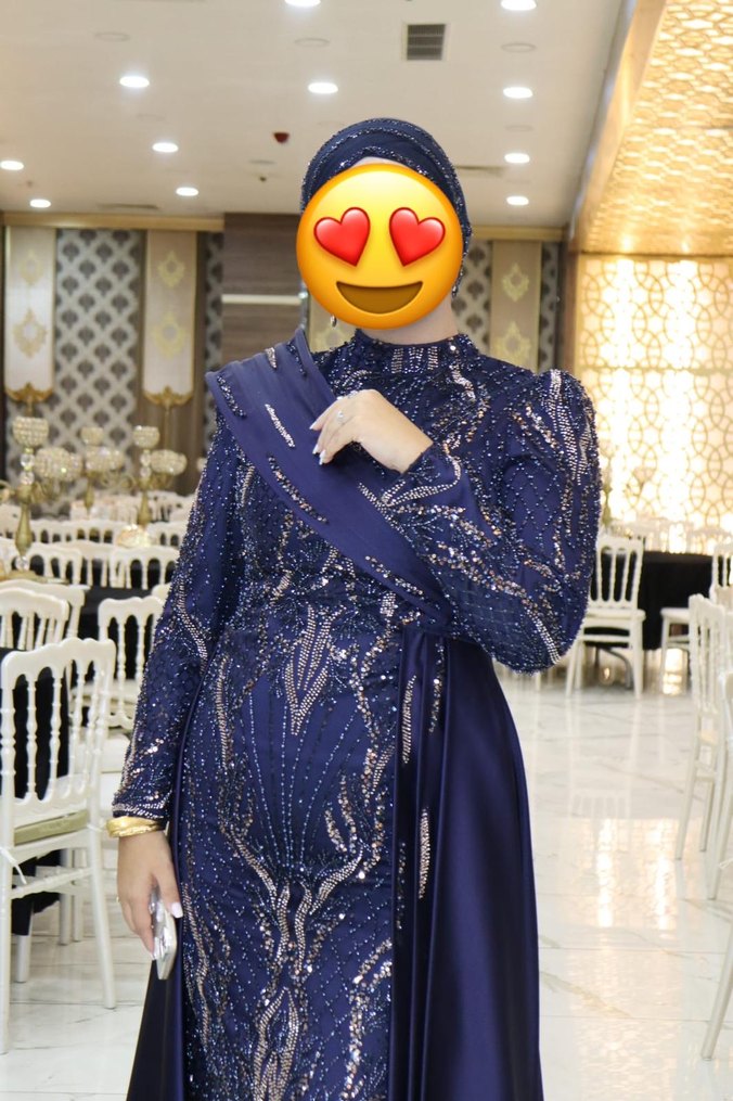 Uzun Kollu, Yüksek Yakalı Mavi Abiye Elbise - Görsel 2