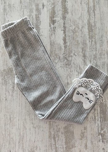 Kedi Nakışlı Gri Kız Çocuk Triko Tayt - Görsel 2