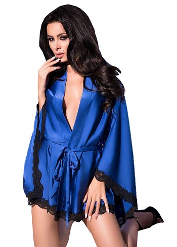 Siyah Dantel Detaylı Mavi Mini Kadın Gecelik Sabahlık - Görsel 2