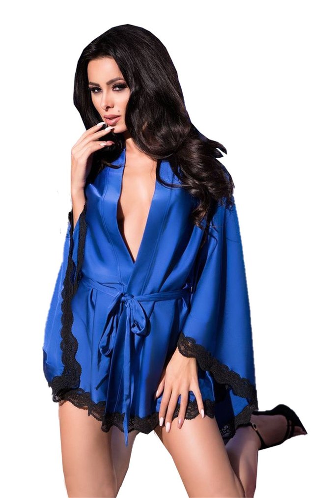 Siyah Dantel Detaylı Mavi Mini Kadın Gecelik Sabahlık - Görsel 2