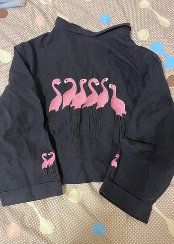 Siyah Kadın Keten Gömlek, Düğmeli, Desenli Gömlek - Görsel 2