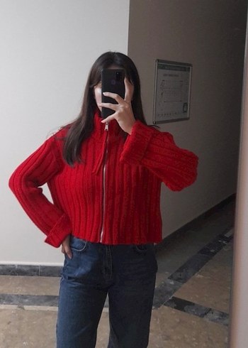 Kırmızı Yüksek Yaka Örgü Kadın Kazak - Görsel 4