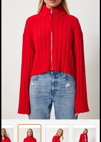 Kırmızı Yüksek Yaka Örgü Kadın Kazak - Görsel 3