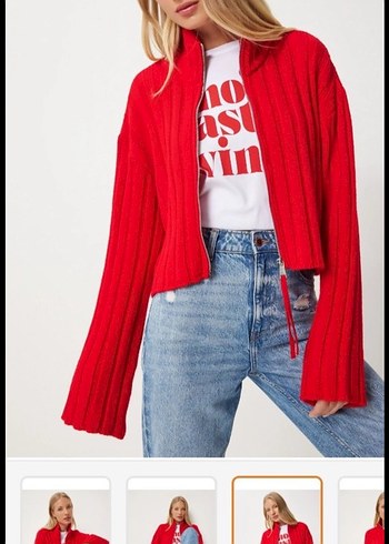 Kırmızı Yüksek Yaka Örgü Kadın Kazak - Görsel 2