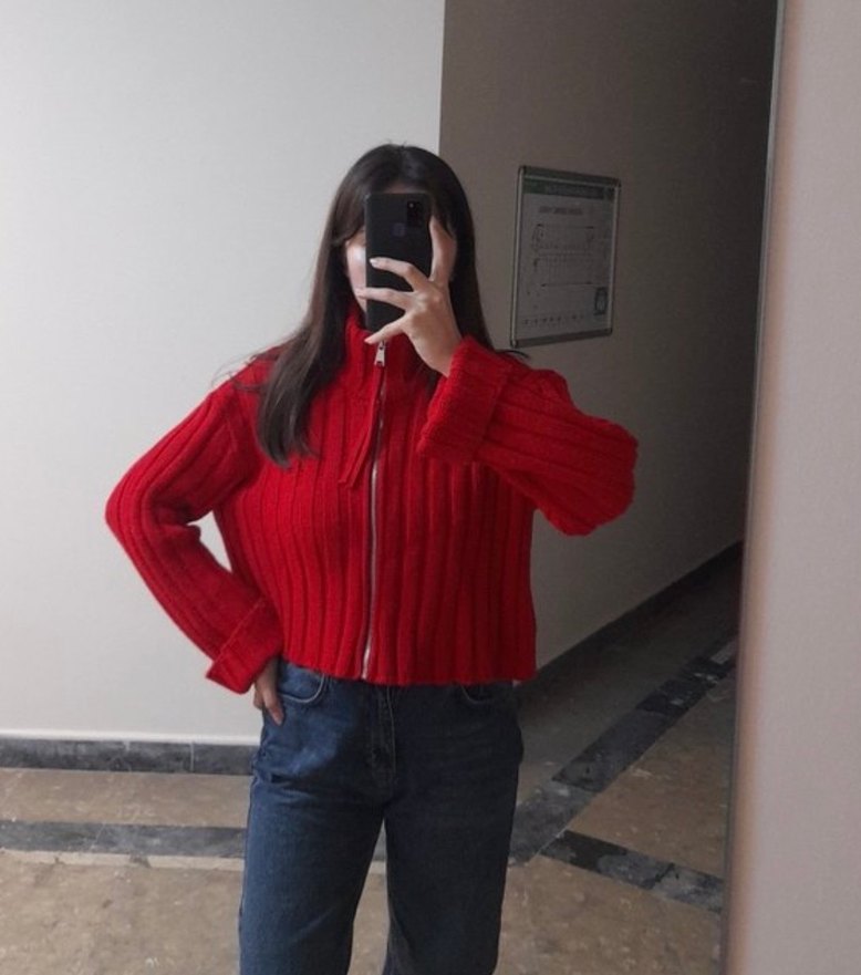 Kırmızı Yüksek Yaka Örgü Kadın Kazak - Görsel 4