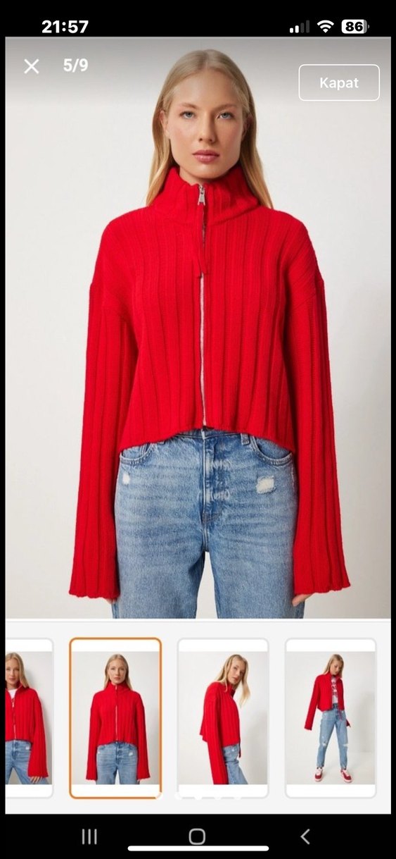 Kırmızı Yüksek Yaka Örgü Kadın Kazak - Görsel 3