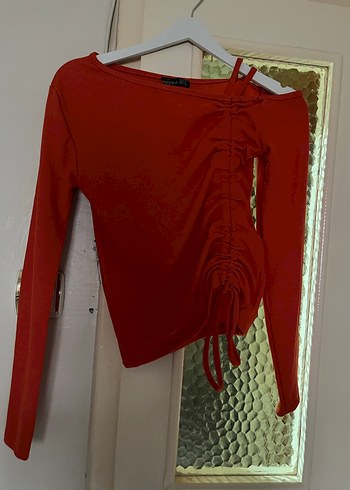 Uzun Kollu Turuncu Drapeli Straplez Bluz - Görsel 5