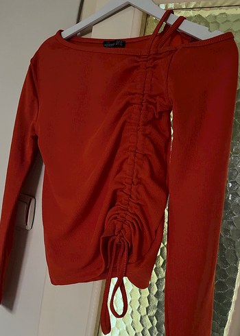 Uzun Kollu Turuncu Drapeli Straplez Bluz - Görsel 6