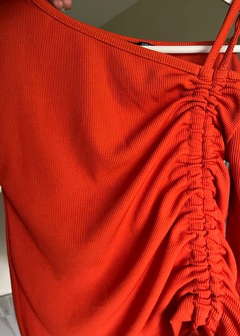 Uzun Kollu Turuncu Drapeli Straplez Bluz - Görsel 3