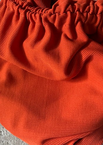 Uzun Kollu Turuncu Drapeli Straplez Bluz - Görsel 2