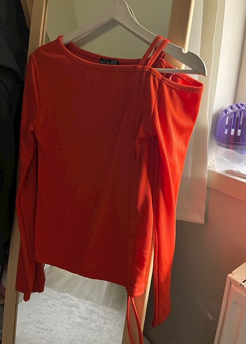 Uzun Kollu Turuncu Drapeli Straplez Bluz - Görsel 4