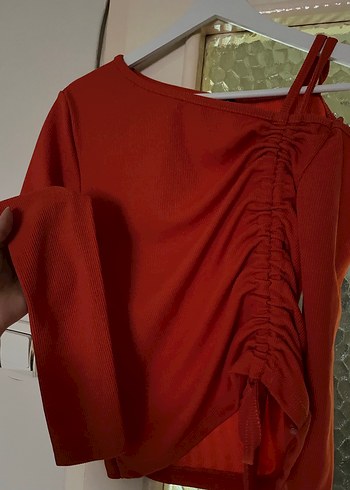 Uzun Kollu Turuncu Drapeli Straplez Bluz - Görsel 12