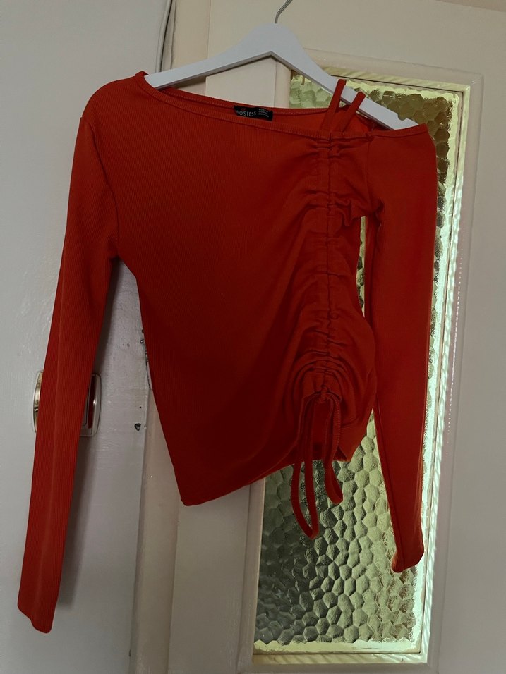 Uzun Kollu Turuncu Drapeli Straplez Bluz - Görsel 5