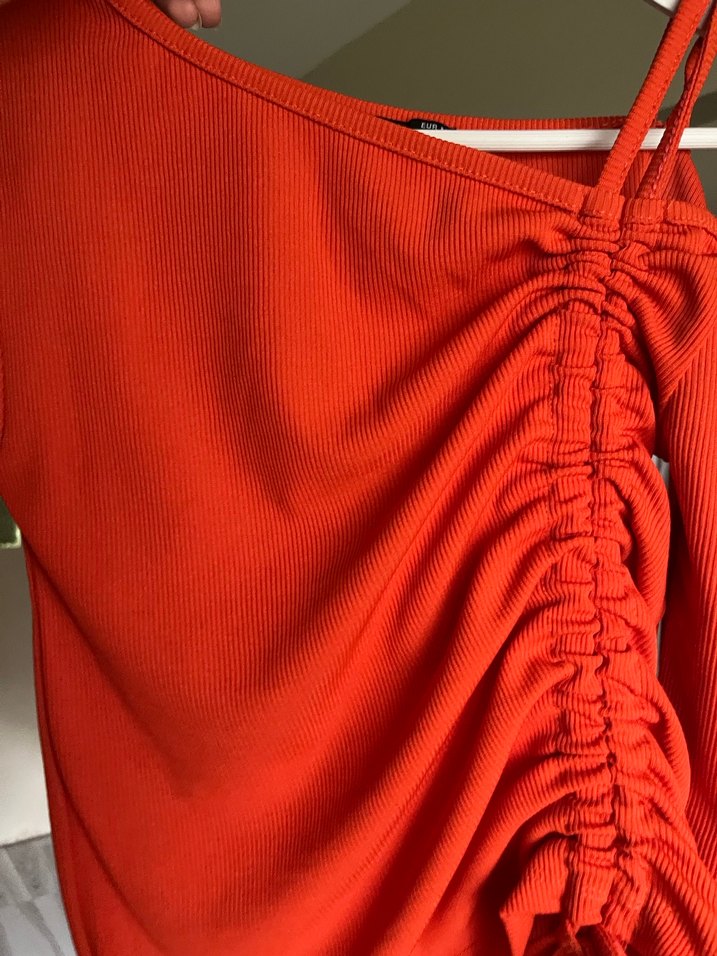 Uzun Kollu Turuncu Drapeli Straplez Bluz - Görsel 3