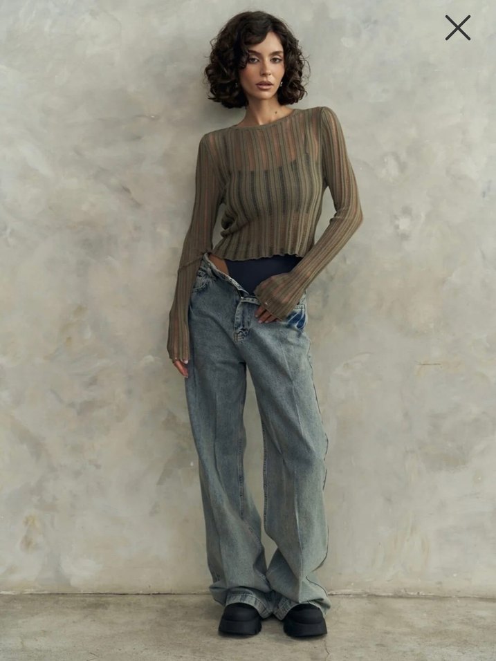 Kadın Kahverengi Pilili Uzun Kollu Crop Top - Görsel 3