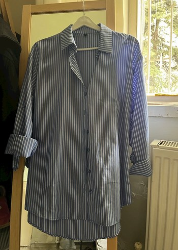 Mavi Çizgili Uzun Kollu Kadın Gömlek - Görsel 3