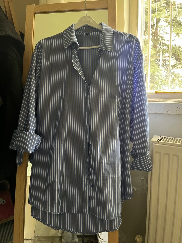 Mavi Çizgili Uzun Kollu Kadın Gömlek - Görsel 3