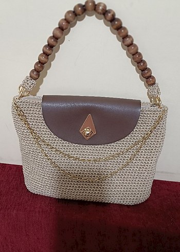 Boncuklu Örgü Bej Bohem Kadın Çanta - Görsel 2