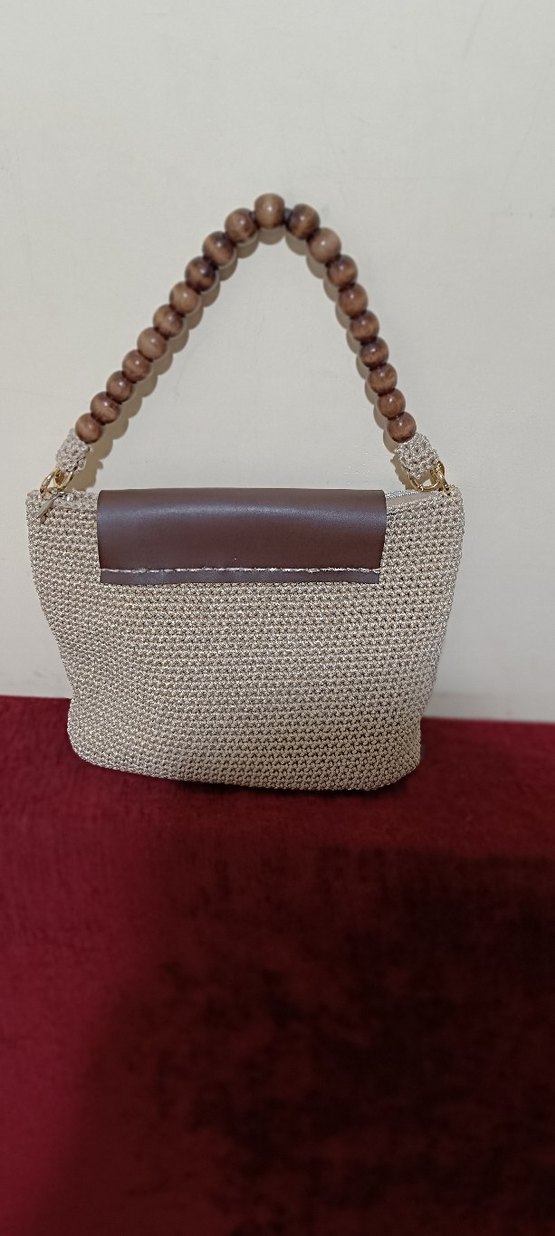 Boncuklu Örgü Bej Bohem Kadın Çanta - Görsel 3