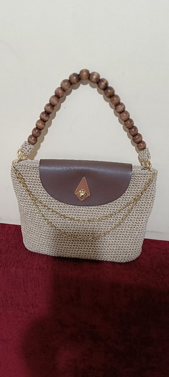 Boncuklu Örgü Bej Bohem Kadın Çanta - Görsel 2