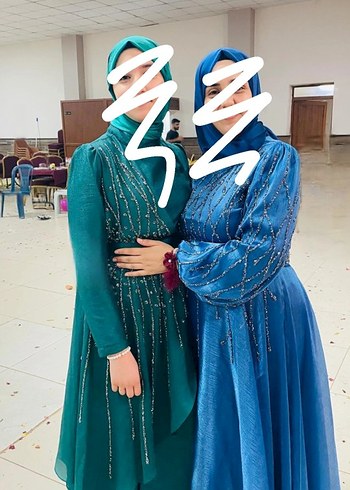 Diğer Boncuk İşlemeli Mavi Uzun Abiye Elbise