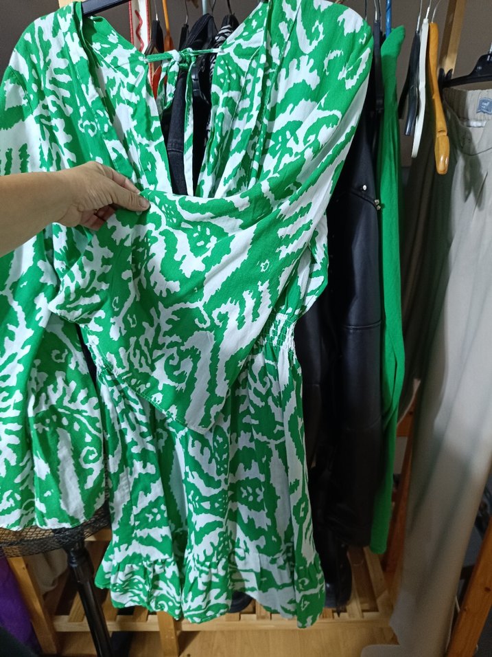 Yeşil Batik Desenli Bohem Mini elbise - Görsel 3