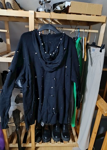 Düğmeli Kapüşonlu Siyah Kadın Triko Kazak - Görsel 9