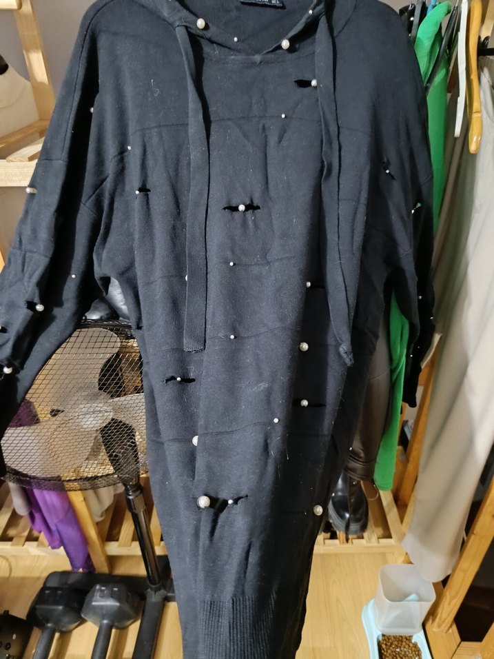 Düğmeli Kapüşonlu Siyah Kadın Triko Kazak - Görsel 4