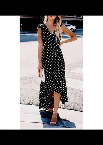 Siyah Puantiyeli V Yaka Uzun Elbise - Görsel 8