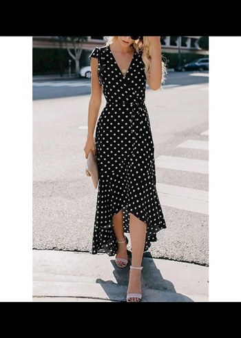 Siyah Puantiyeli V Yaka Uzun Elbise - Görsel 9