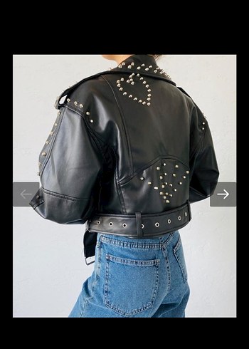 Siyah Deri Biker Ceket Mini Kesim - Görsel 5