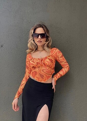 Önü Drapeli Bağlamalı Crop Bluz