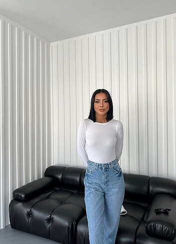 s Beden Basic Beyaz Uzun Kollu Crop Bluz