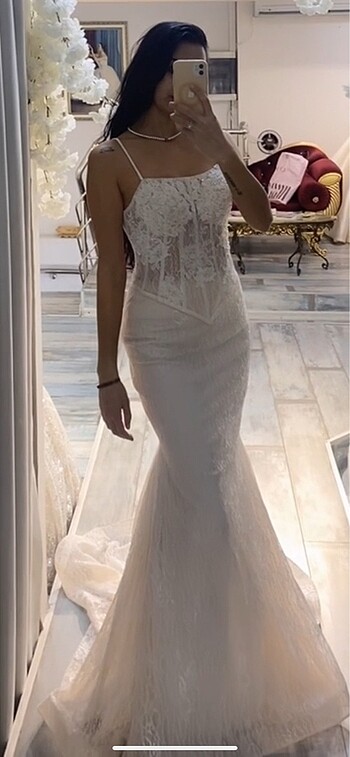 BALIK GELİNLİK FRANSIZ DANTELLİ KUYRUKLU - Görsel 8