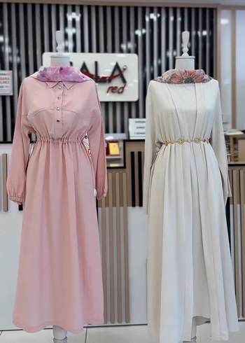 Drapeli Beyaz Keten Uzun Abaya ic dış takım - Görsel 2