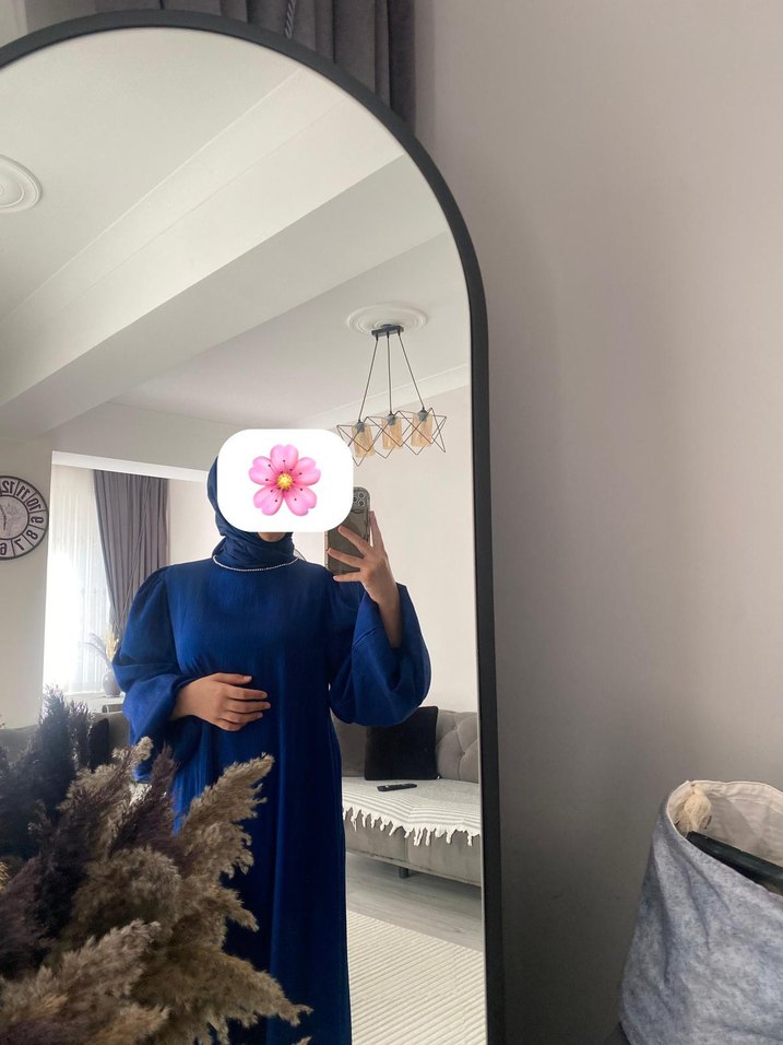 Uzun Kollu Mavi Salaş Abiye Elbise - Görsel 3