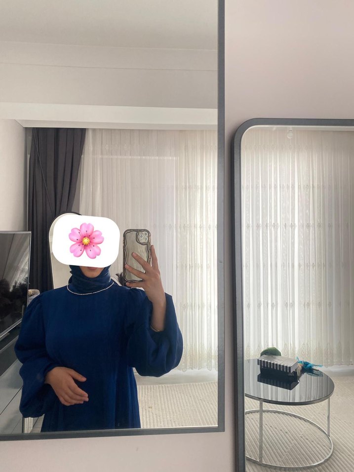 Uzun Kollu Mavi Salaş Abiye Elbise - Görsel 4