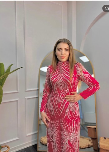 Pembe Payetli Uzun Kollu Abiye Elbise - Görsel 2