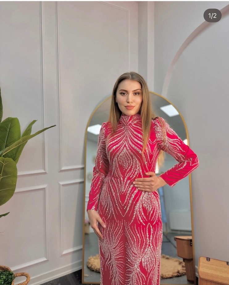 Pembe Payetli Uzun Kollu Abiye Elbise - Görsel 2